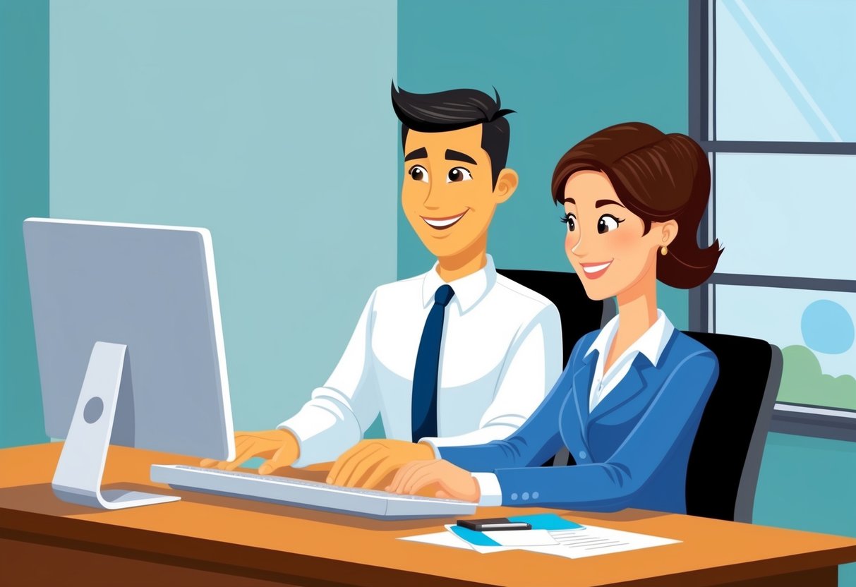 A customer support representative at a help desk, assisting a client with a friendly and professional demeanor. The representative is actively engaged in problem-solving and providing helpful guidance