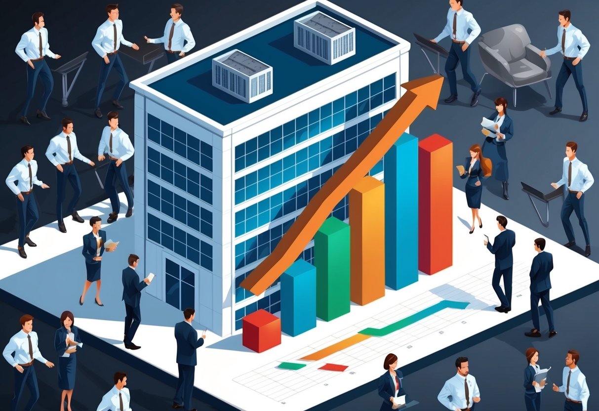 An office building with a graph showing steady growth, surrounded by bustling employees