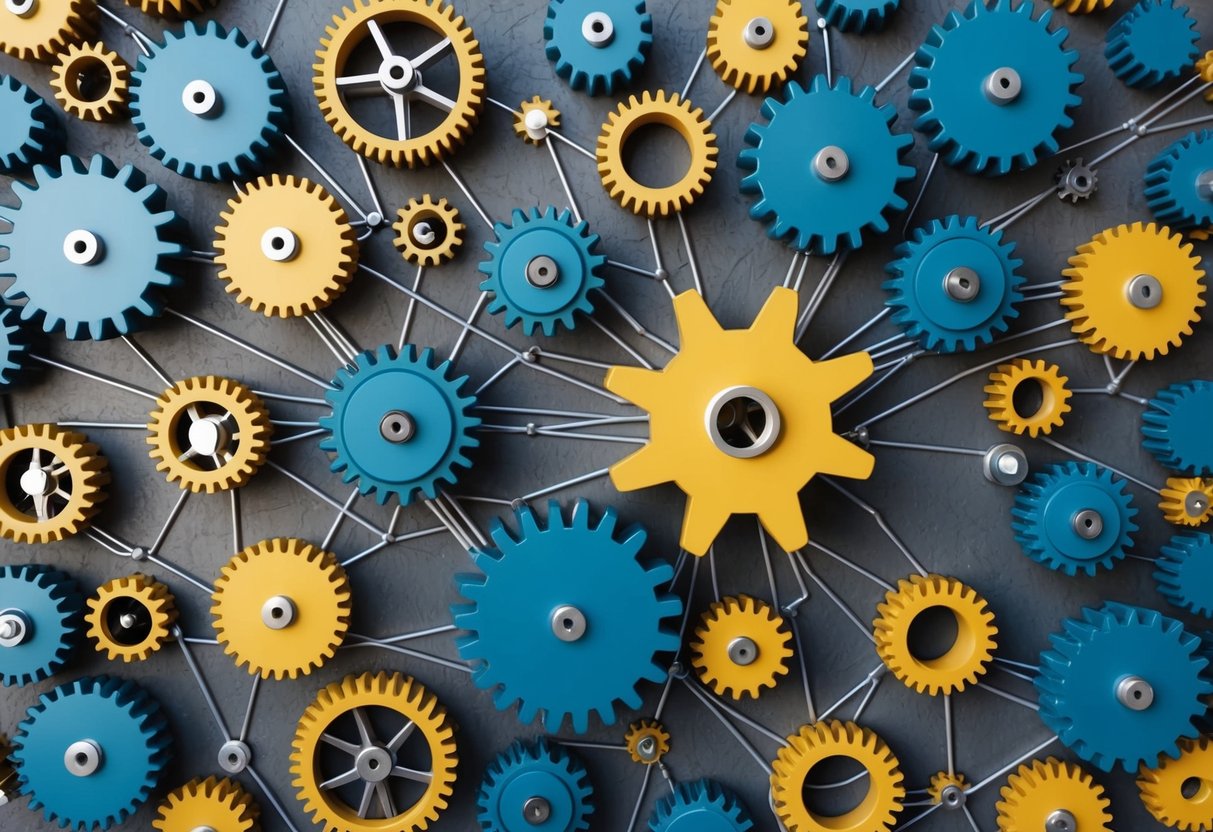 A network of interconnected gears and cogs, symbolizing the optimization and scaling of performance for business operations
