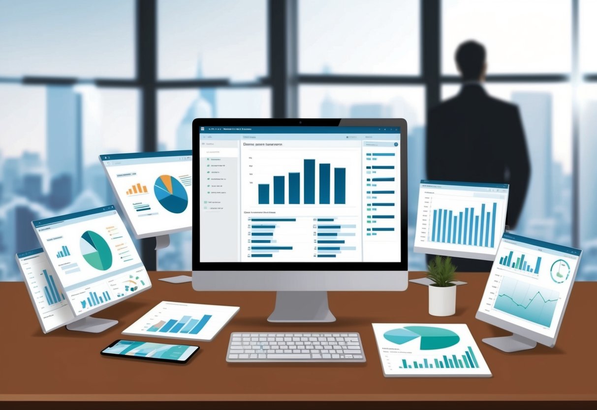 An office desk with a computer screen displaying data analysis software, surrounded by charts and graphs, with a person's silhouette in the background