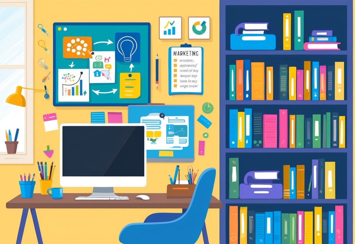 A cozy home office with a desk, computer, and colorful writing supplies. A brainstorming board filled with creative ideas and a bookshelf filled with marketing and copywriting books