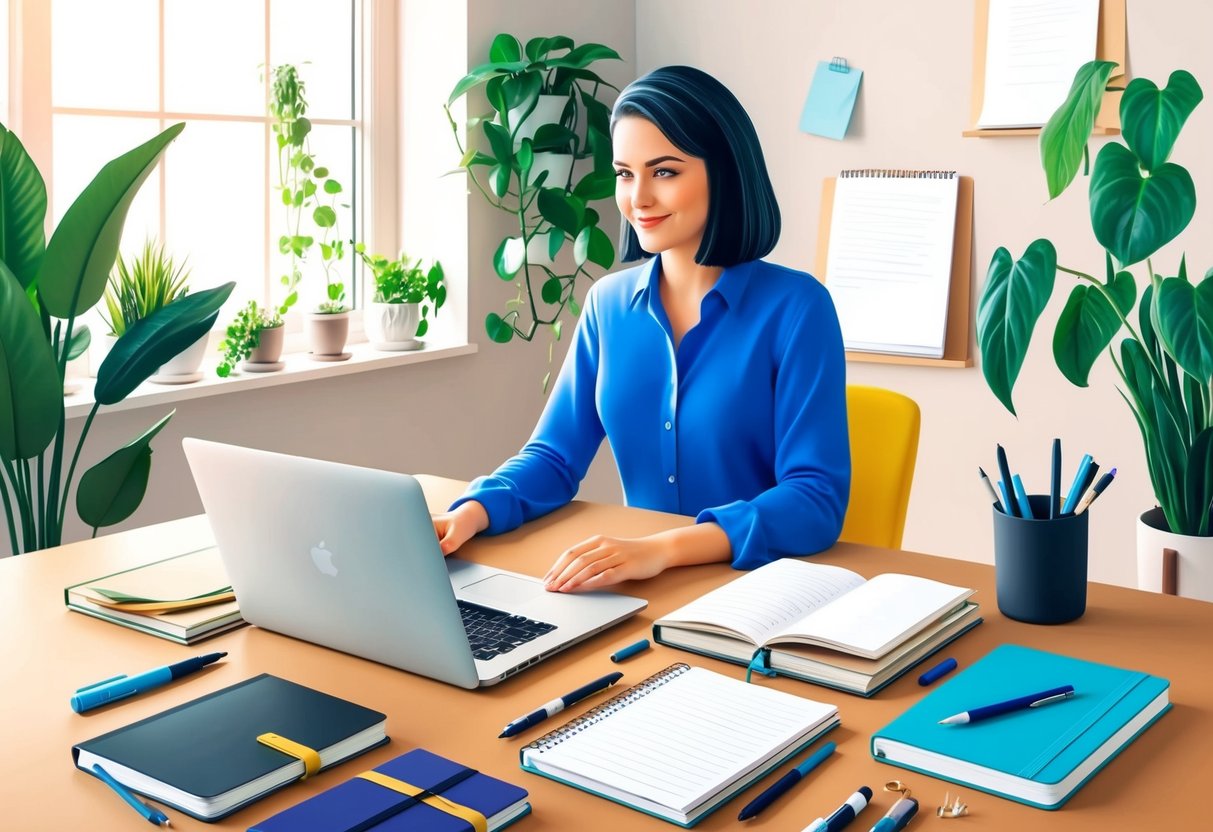 A person sitting at a desk with a laptop, surrounded by notebooks, pens, and creative writing materials. The room is filled with natural light and plants, creating a calm and inspiring atmosphere
