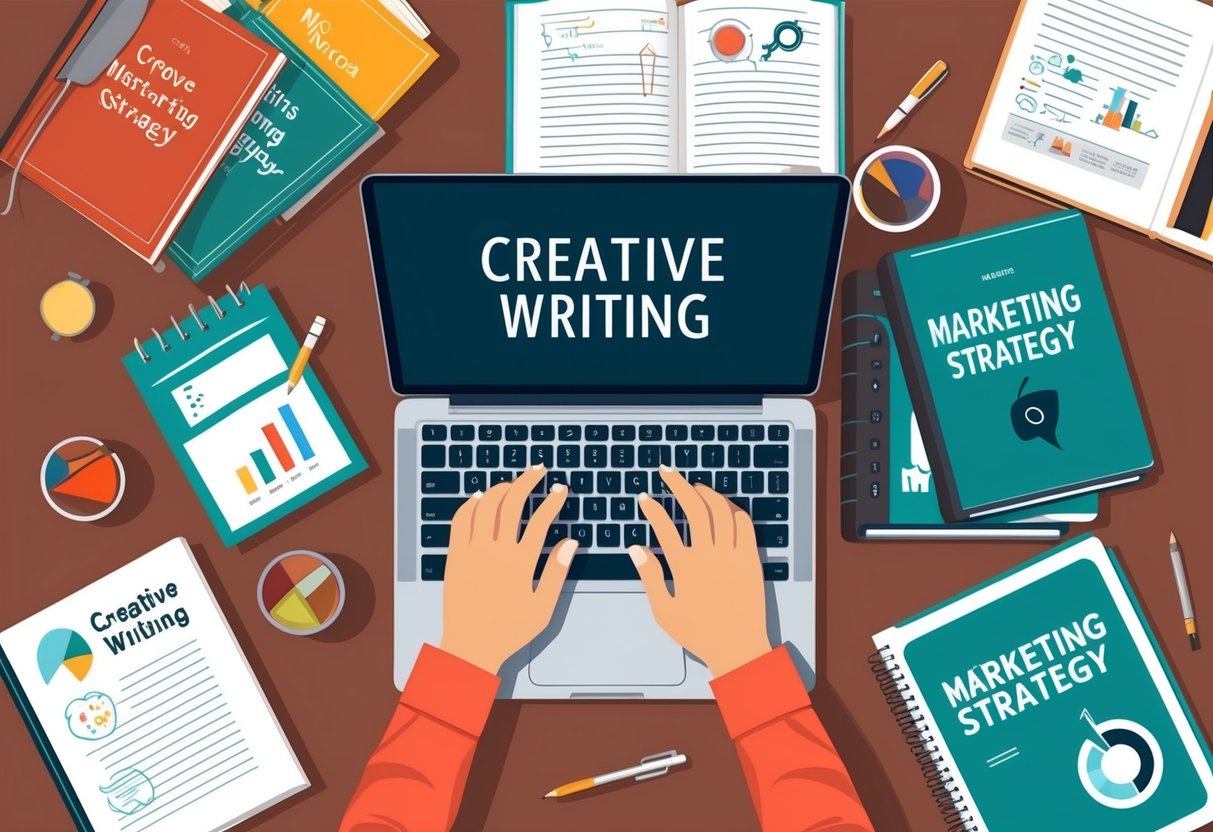 A person typing on a laptop surrounded by creative writing materials and marketing strategy books