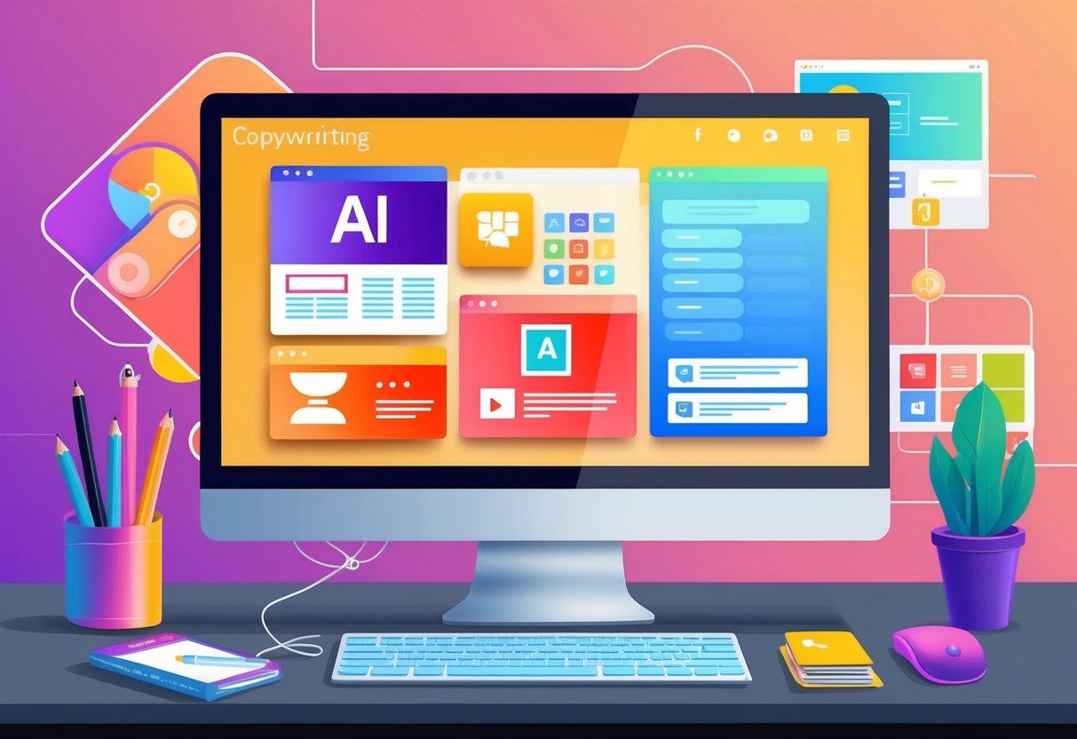 A computer screen displaying various AI tools and platforms for creative copywriting and content marketing