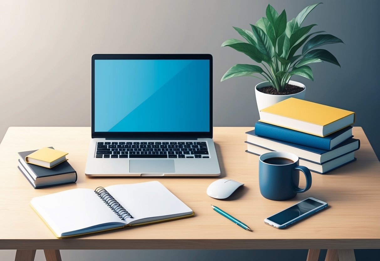 A desk with a laptop, notebook, and pen. A stack of books on the side. A mug of coffee and a potted plant