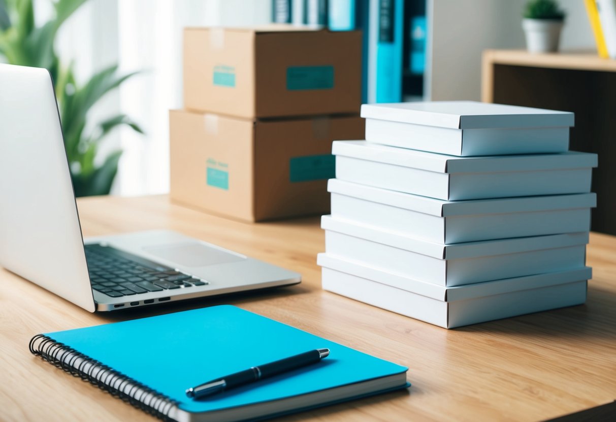 A desk with a laptop, notebook, and pen. A stack of product boxes in the background. Bright, natural lighting