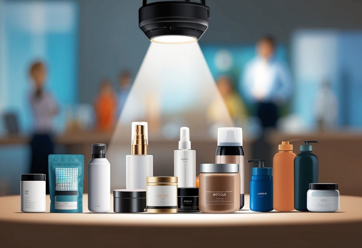 A variety of products arranged on a table, with a spotlight highlighting one item. Other items are blurred in the background
