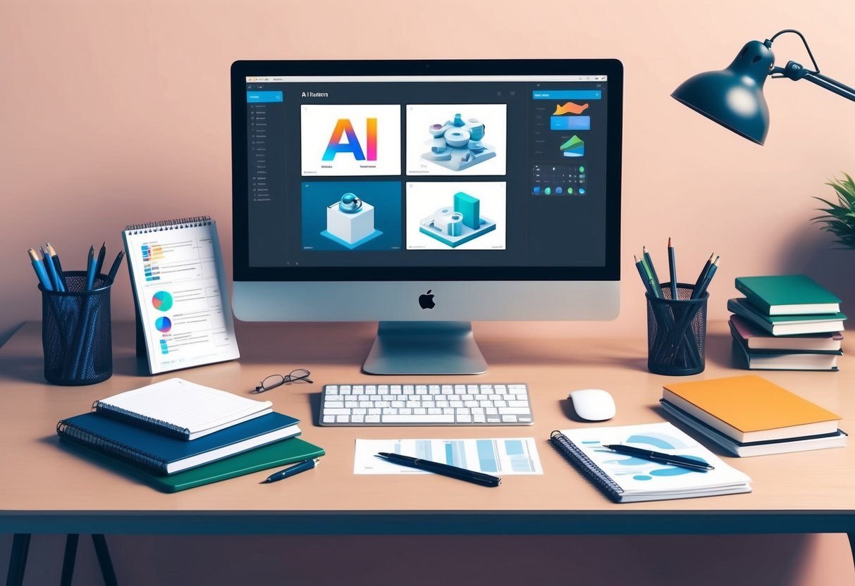 A desk with a computer screen displaying AI tools and models, surrounded by notebooks, pens, and reference materials