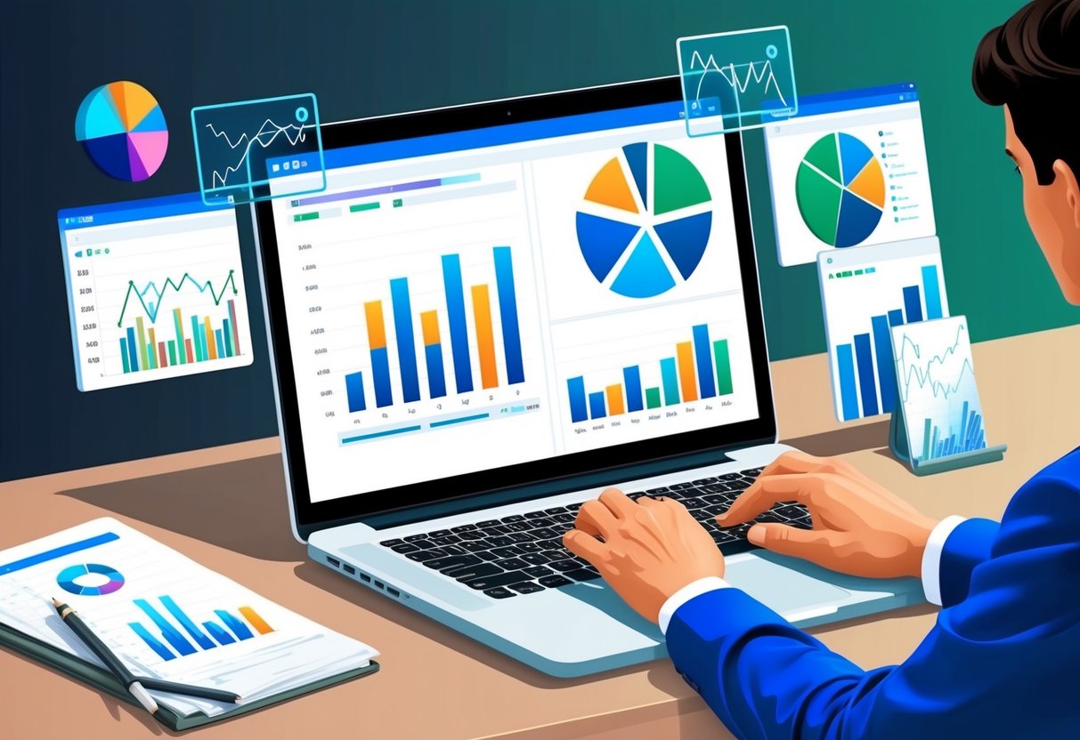 A person using a laptop to analyze data with various charts and graphs displayed on the screen