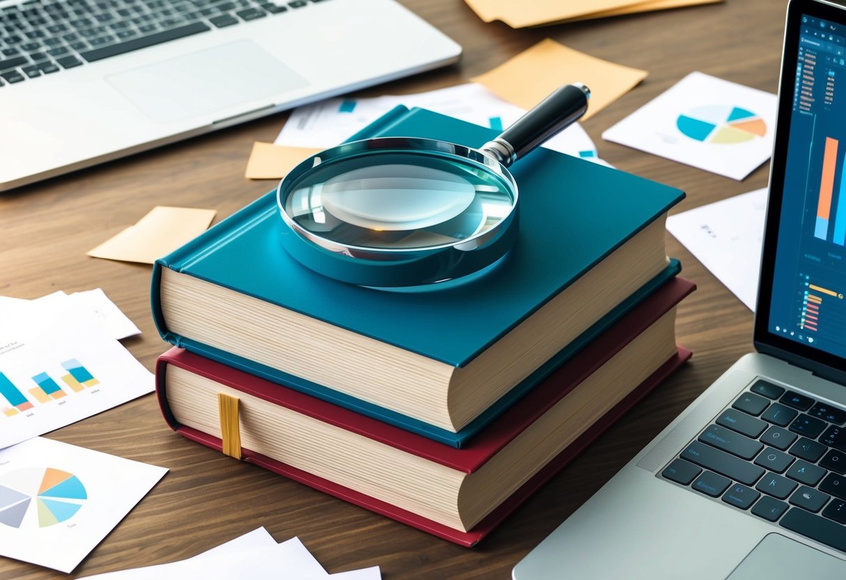 A stack of books with a magnifying glass on top, surrounded by scattered papers and a laptop with a data analysis program open