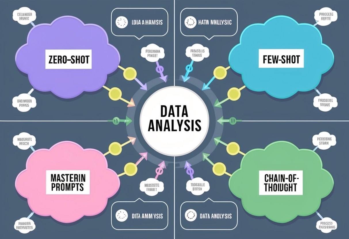 A series of interconnected thought bubbles surrounding a central data analysis concept, representing the process of zero-shot, few-shot, and chain-of-thought mastering prompts for LLMs