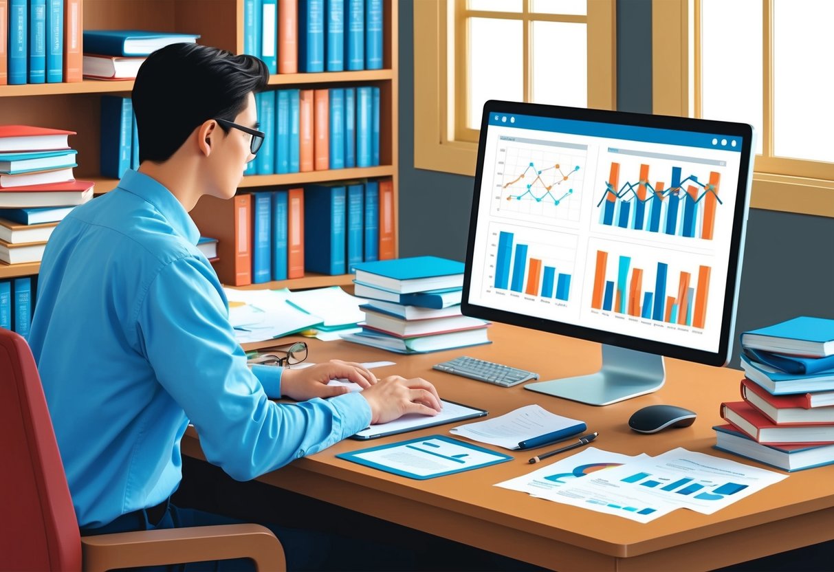 A person working at a desk surrounded by books, papers, and a computer, with charts and graphs displayed on the screen