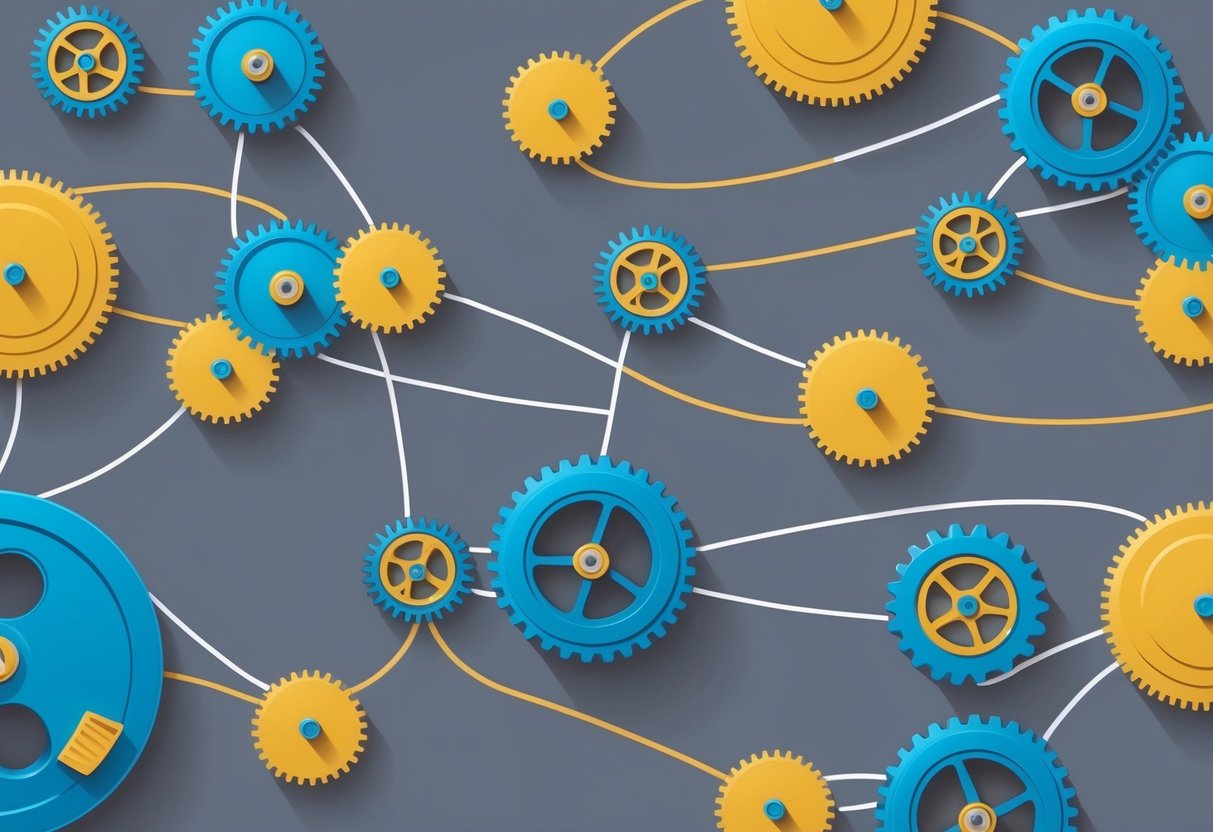 A series of interconnected gears and pulleys form a complex and intricate system, illustrating the concept of prompt chaining for multi-step workflows