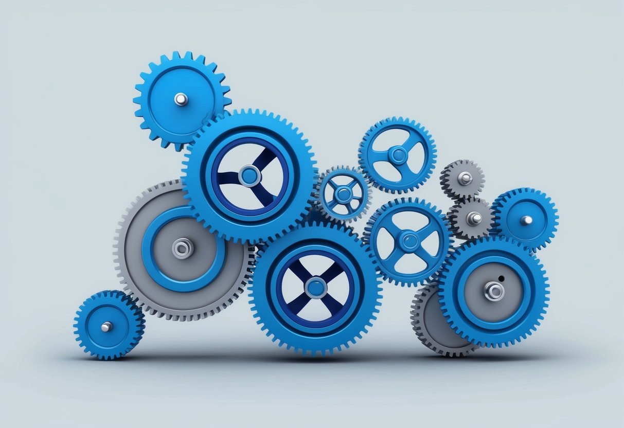 A series of interconnected gears and pulleys working together to complete a complex task, symbolizing the key components of multi-step workflows