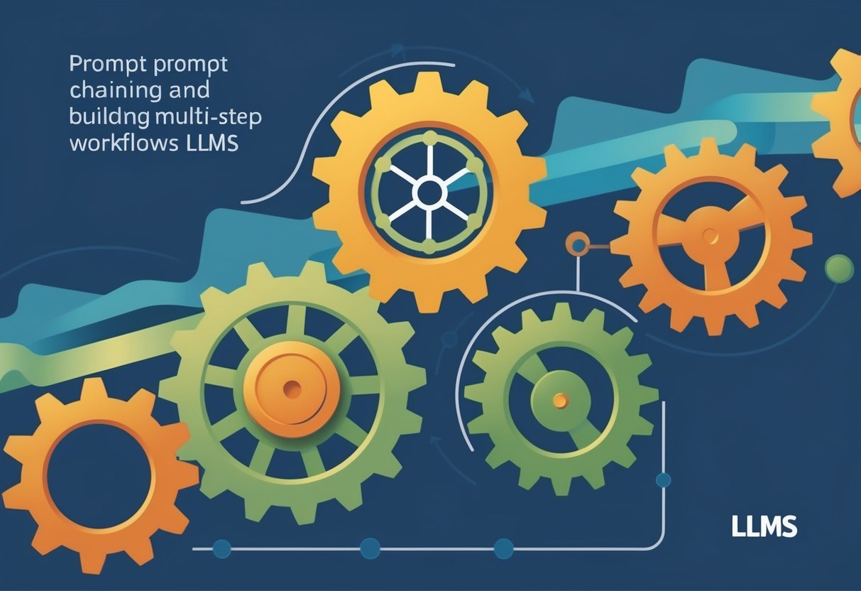 A series of interconnected gears turning to symbolize the process of prompt chaining and building multi-step workflows with LLMs