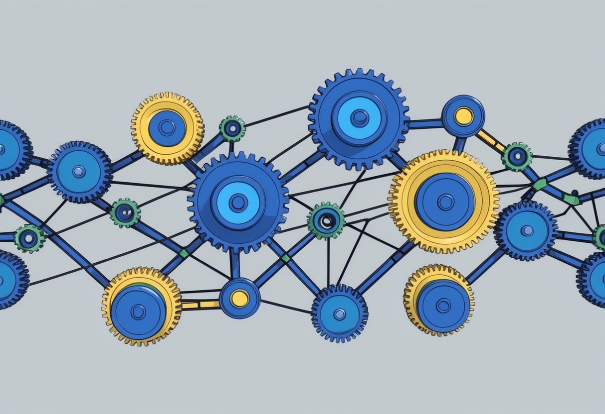 A series of interconnected gears and pulleys forming a complex network, symbolizing the interconnected nature of prompt chaining with LLM tools and frameworks