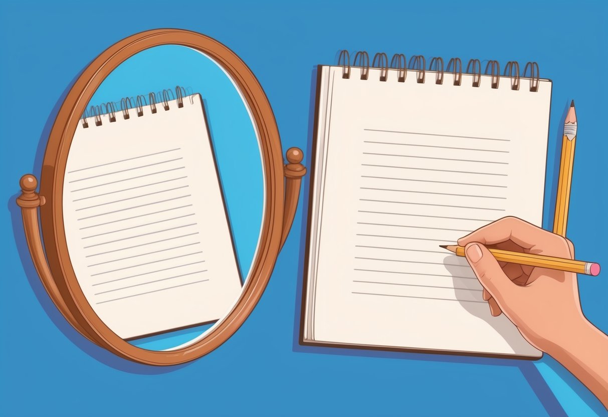 A mirror reflecting a blank page with a pencil and a thoughtful expression
