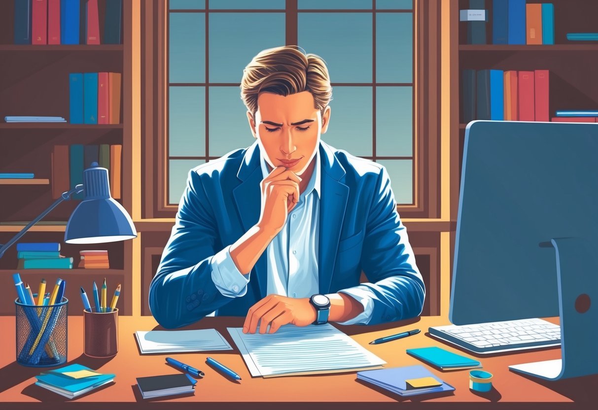 A person sitting at a desk, surrounded by various writing materials and a computer, deep in thought while reflecting on their work