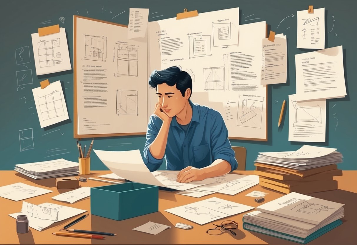 A person looking at their work, surrounded by sketches and notes, pondering and making adjustments