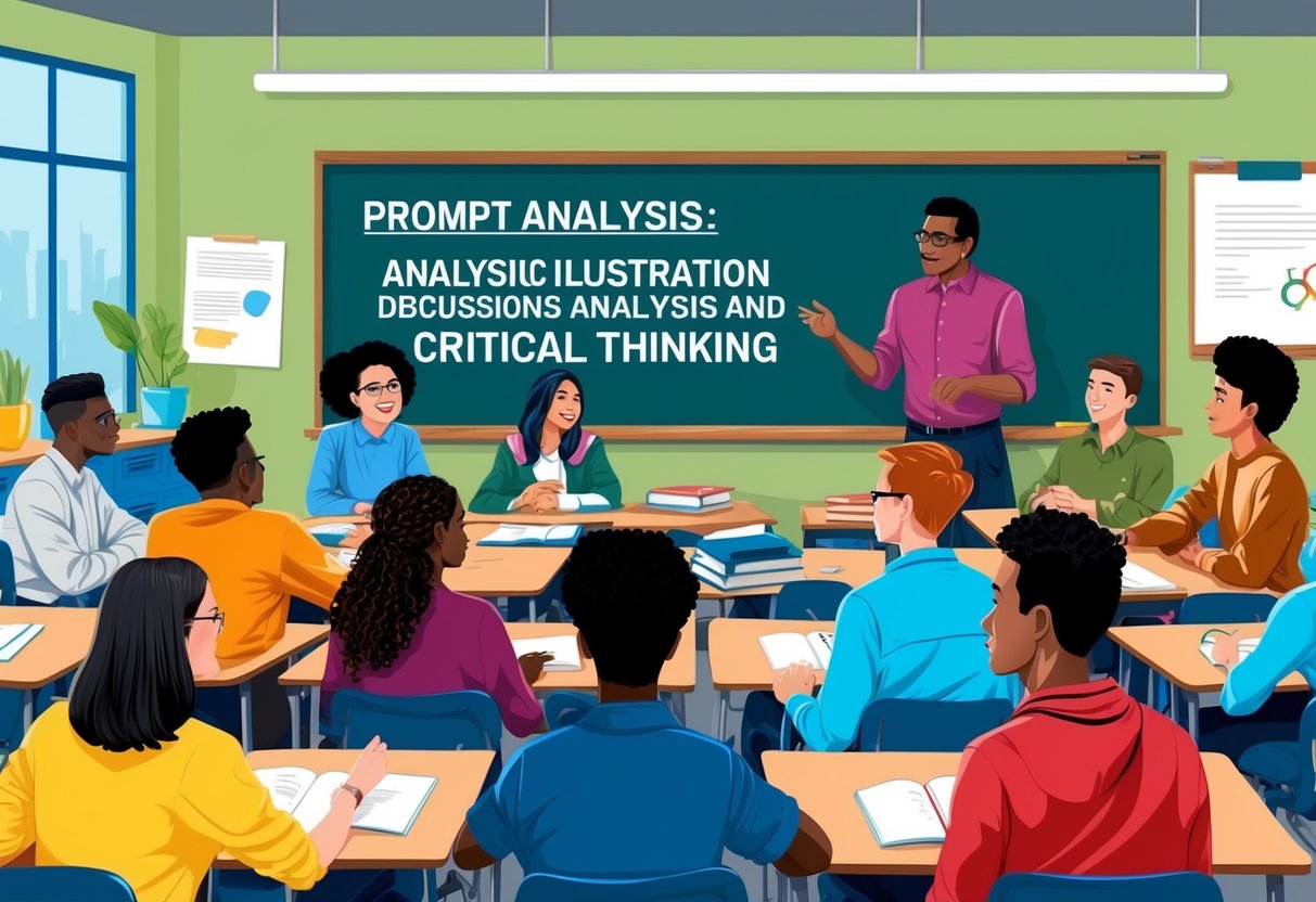 A classroom with diverse students engaged in a discussion about prompt analysis and critical thinking