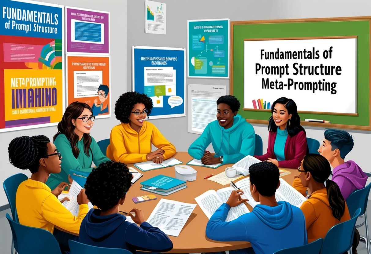 A group of diverse students engage in a brainstorming session, surrounded by colorful posters and educational materials. A whiteboard displays the title "Fundamentals of Prompt Structure Meta-Prompting."