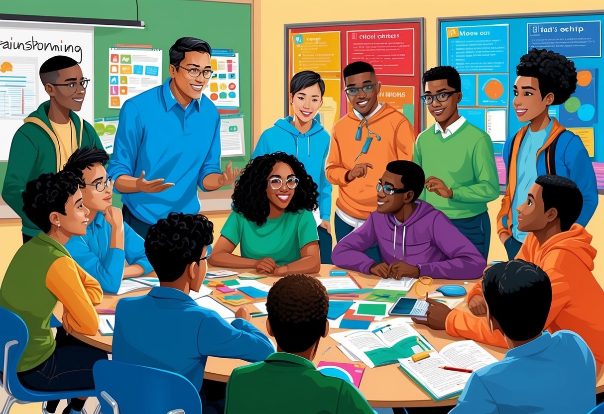 A group of diverse students engage in a brainstorming session, surrounded by colorful posters and educational materials. A teacher guides the discussion, encouraging critical thinking and problem-solving