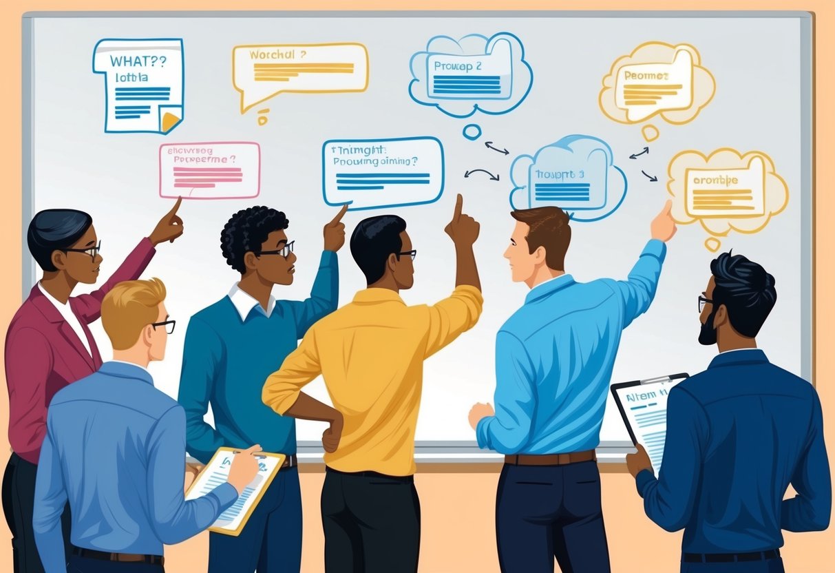 A group of LLMs engage in a discussion while pointing to a series of thought-provoking prompts on a whiteboard