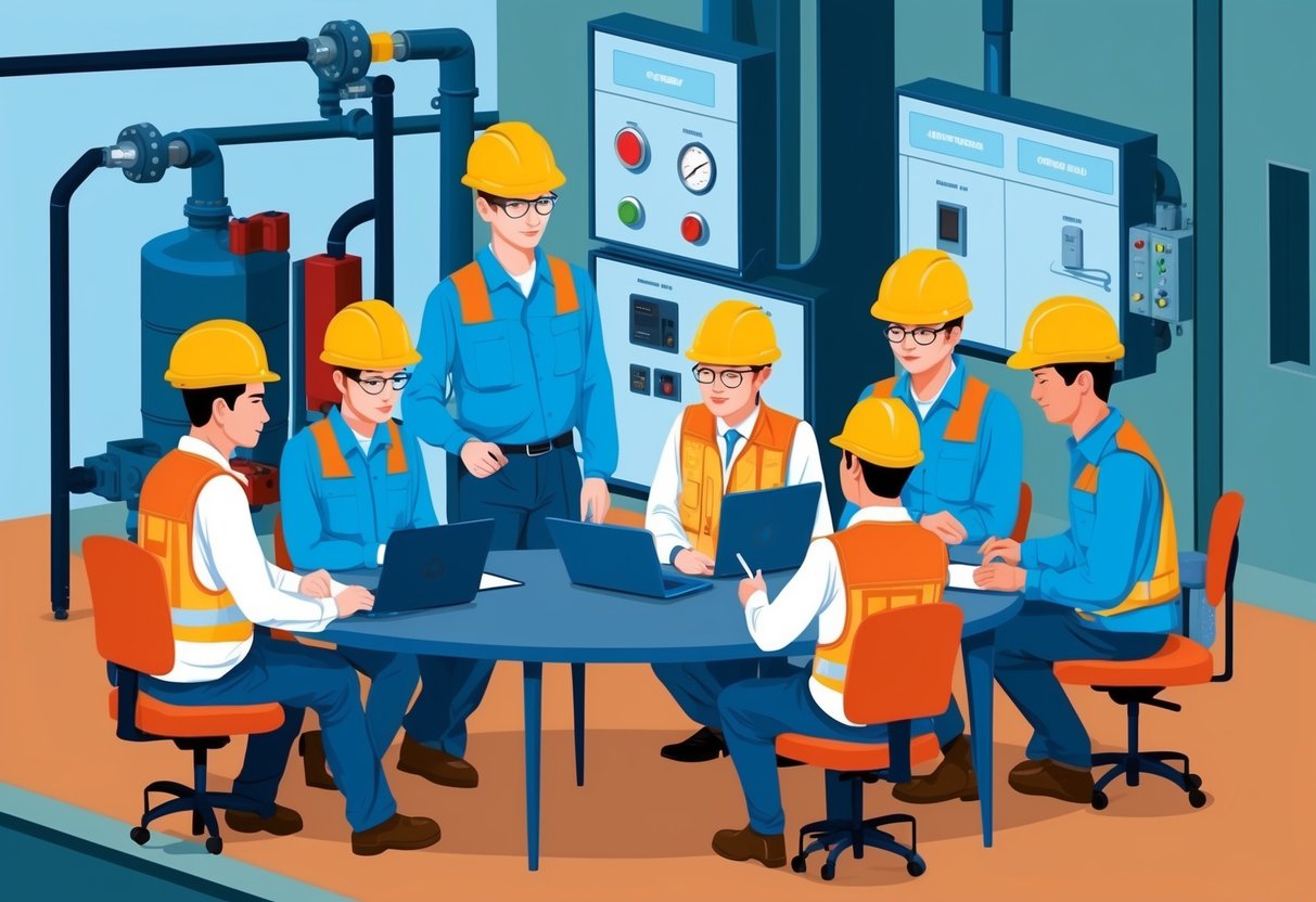 A group of engineers working on safety protocols for industrial outputs