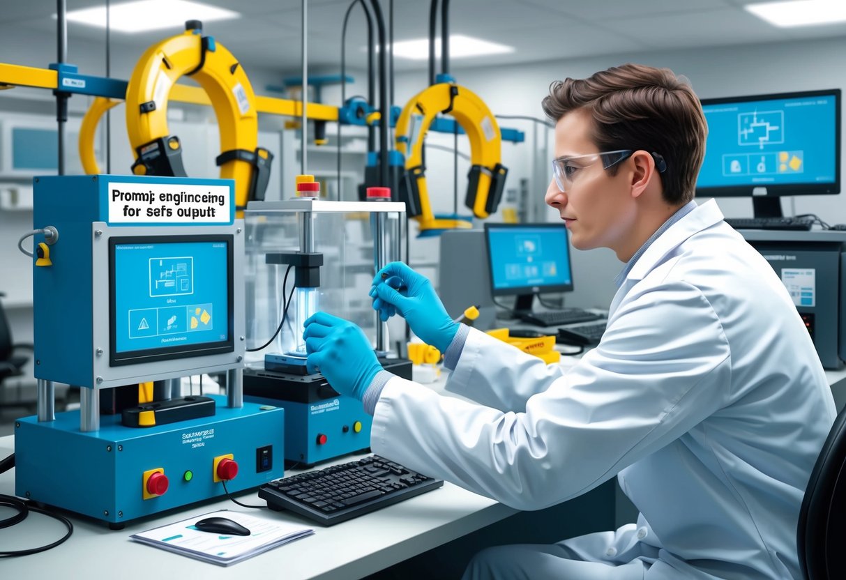A scientist in a lab, surrounded by safety equipment and computer screens, conducting tests on a machine labeled "Prompt Engineering for Safer Outputs."