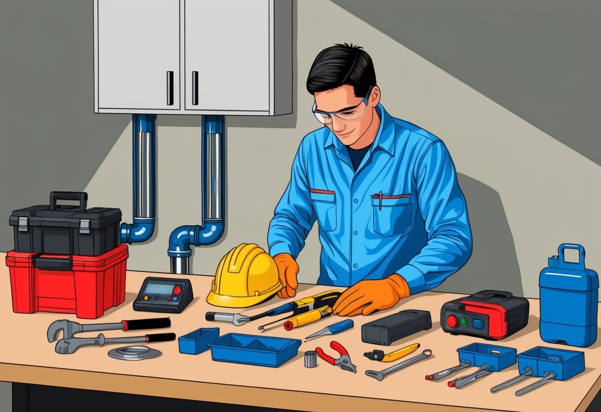 A technician carefully arranging safety equipment and tools for prompt engineering on a clean, organized workbench