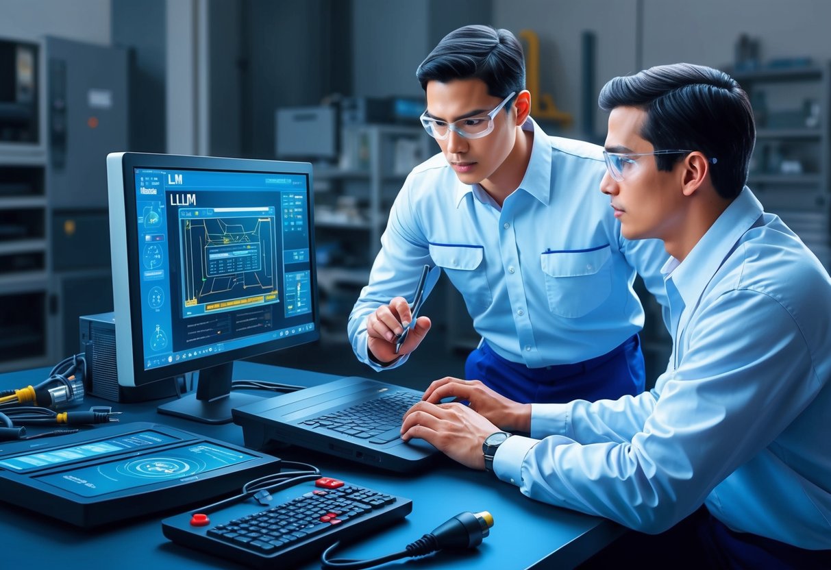 A technician using a computer to analyze and troubleshoot a malfunctioning LLM output, surrounded by diagnostic tools and equipment