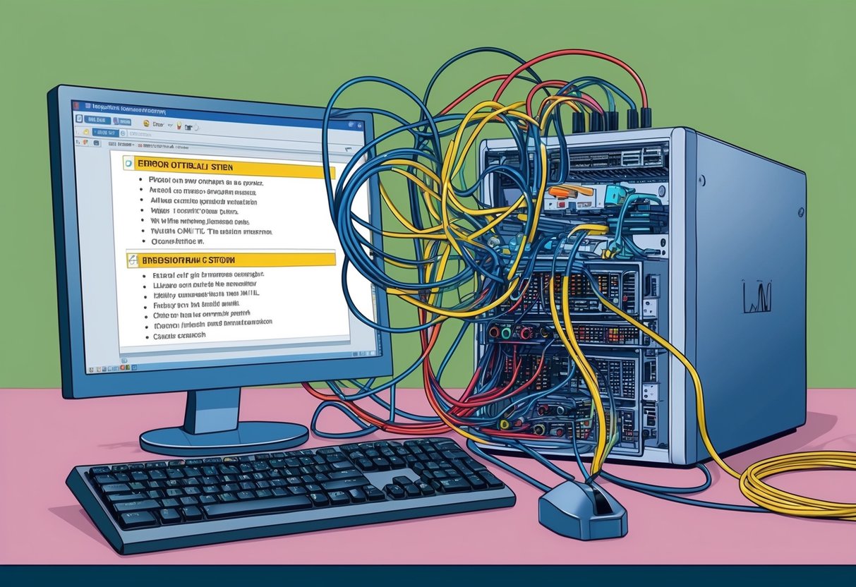 A computer screen with error messages and a tangled mess of wires connected to a malfunctioning LLM output system