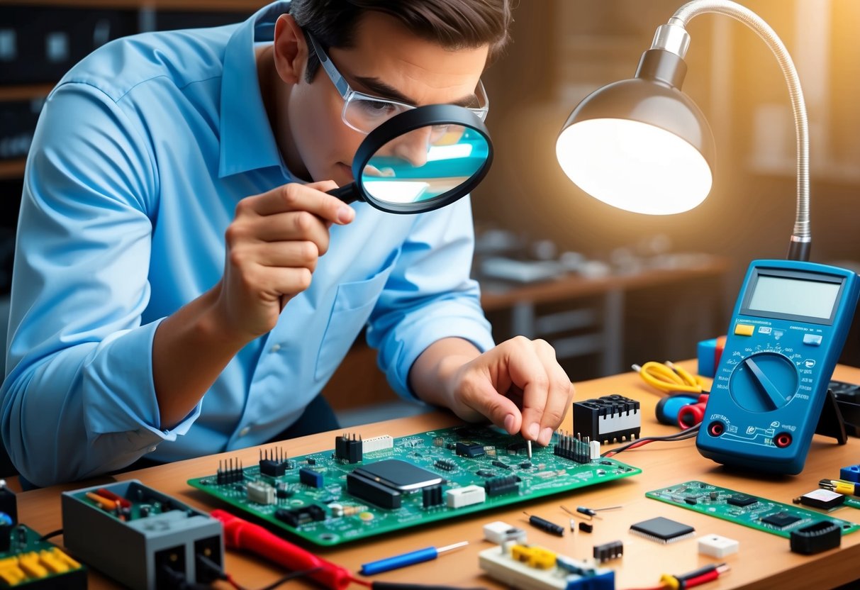 A technician examining a circuit board with a magnifying glass and a multimeter, surrounded by various electronic components and tools on a workbench