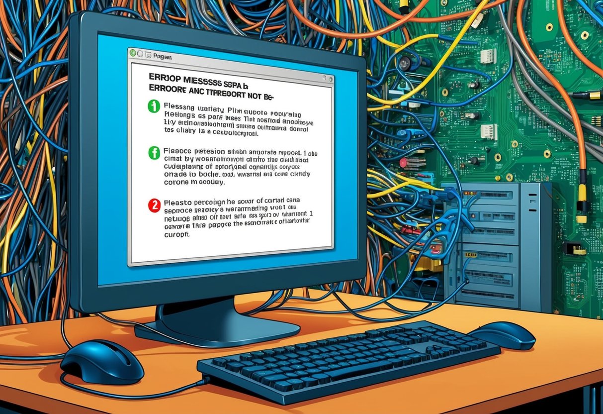 A computer screen displaying error messages with a tangled mess of wires and circuit boards in the background