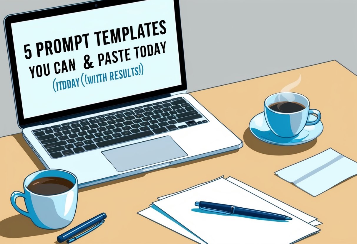 A desk with a laptop, pen, and paper. A cup of coffee sits nearby. The background shows a blank computer screen with the title "5 Prompt Templates You Can Copy & Paste Today (With Results)."
