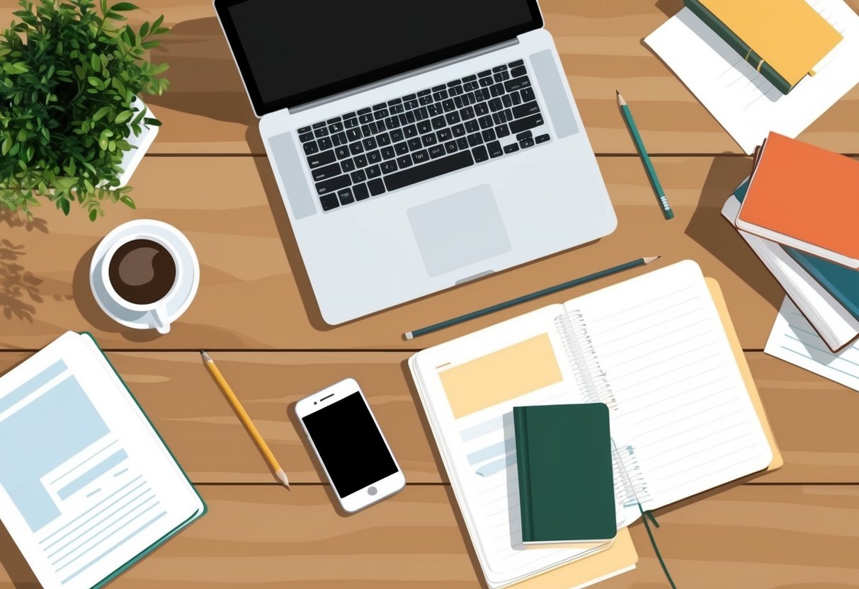 A desk with a laptop, notebook, and pencil, surrounded by books and papers. A cup of coffee sits nearby