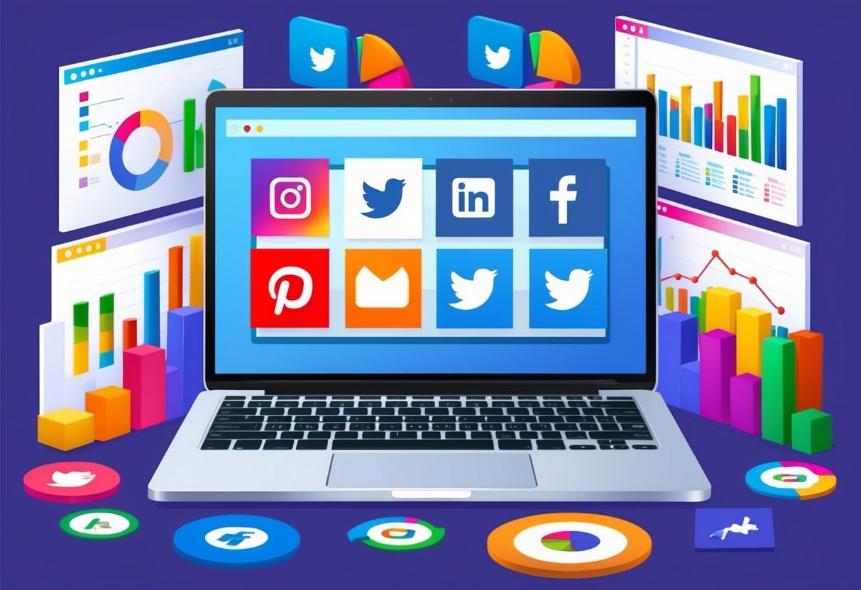A laptop with various social media icons displayed on the screen, surrounded by colorful charts and graphs representing results