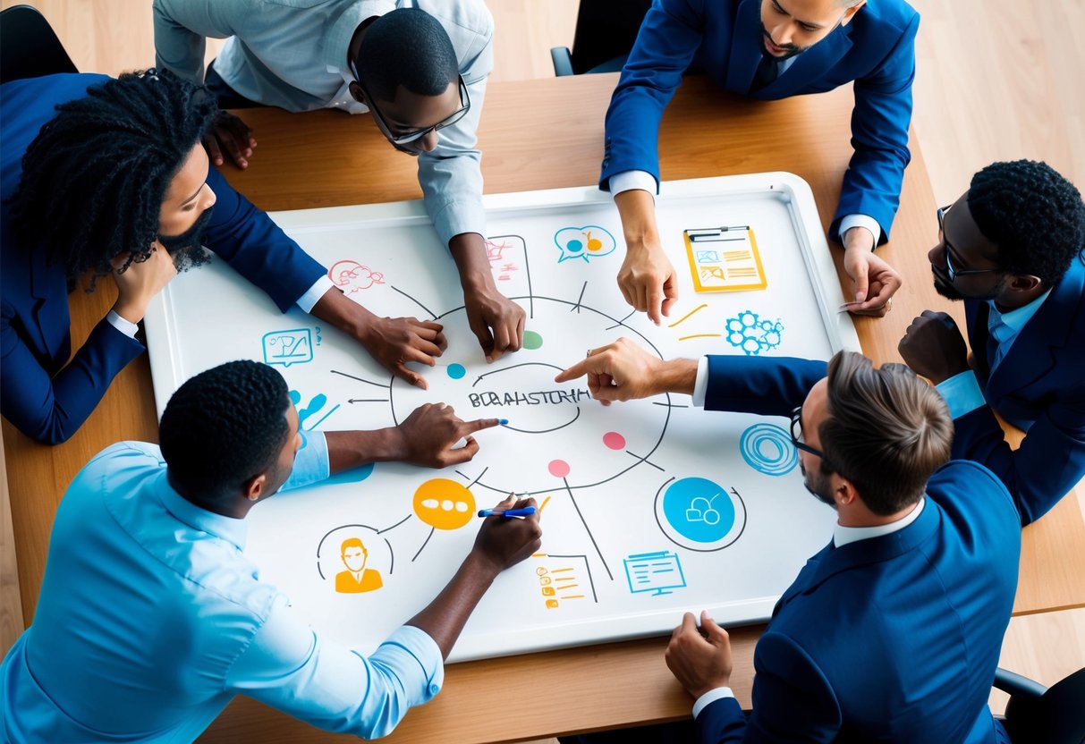 A group of diverse professionals collaborating around a whiteboard, brainstorming and strategizing together