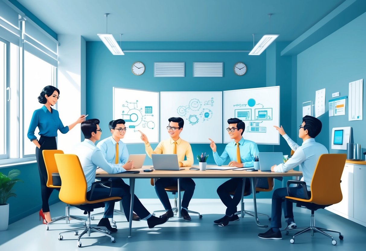 A team of engineers collaborating on a project, brainstorming and discussing ideas in a modern, well-lit office space with whiteboards and technological equipment