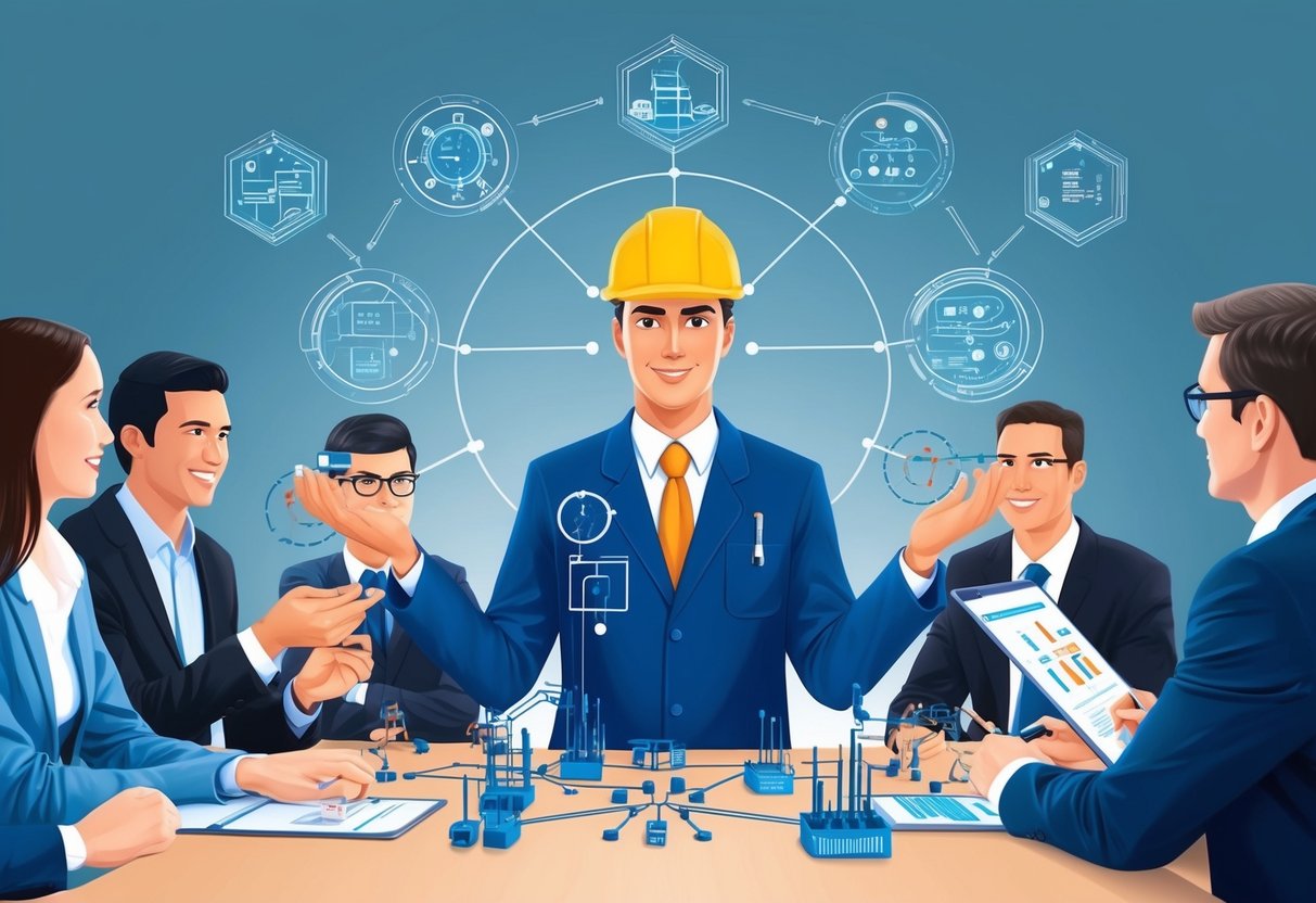 A prompt engineer at the center of a team, connecting various components and driving strategic decisions with precision and expertise