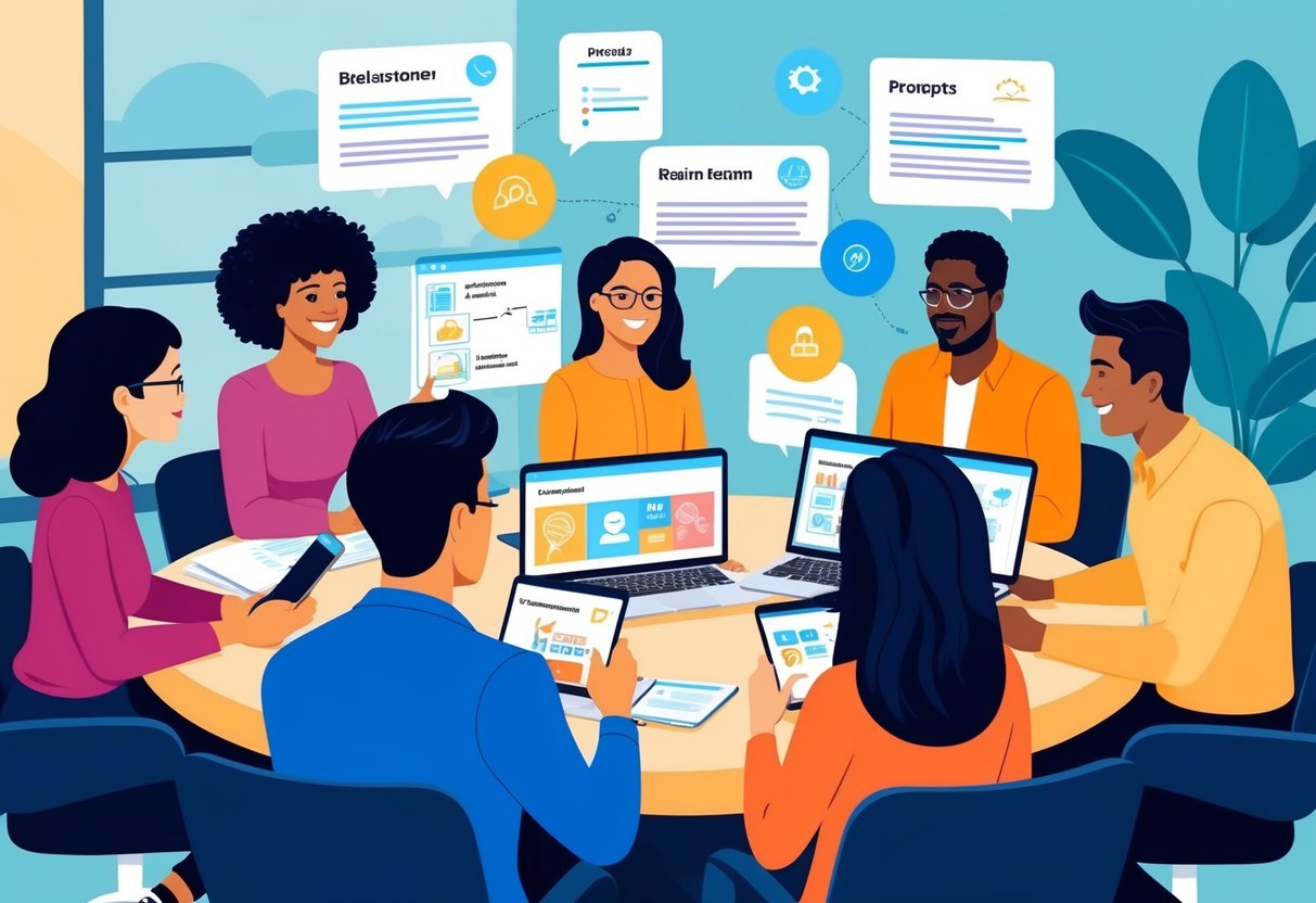 A group of diverse team members brainstorming with AI-generated prompts on a digital screen