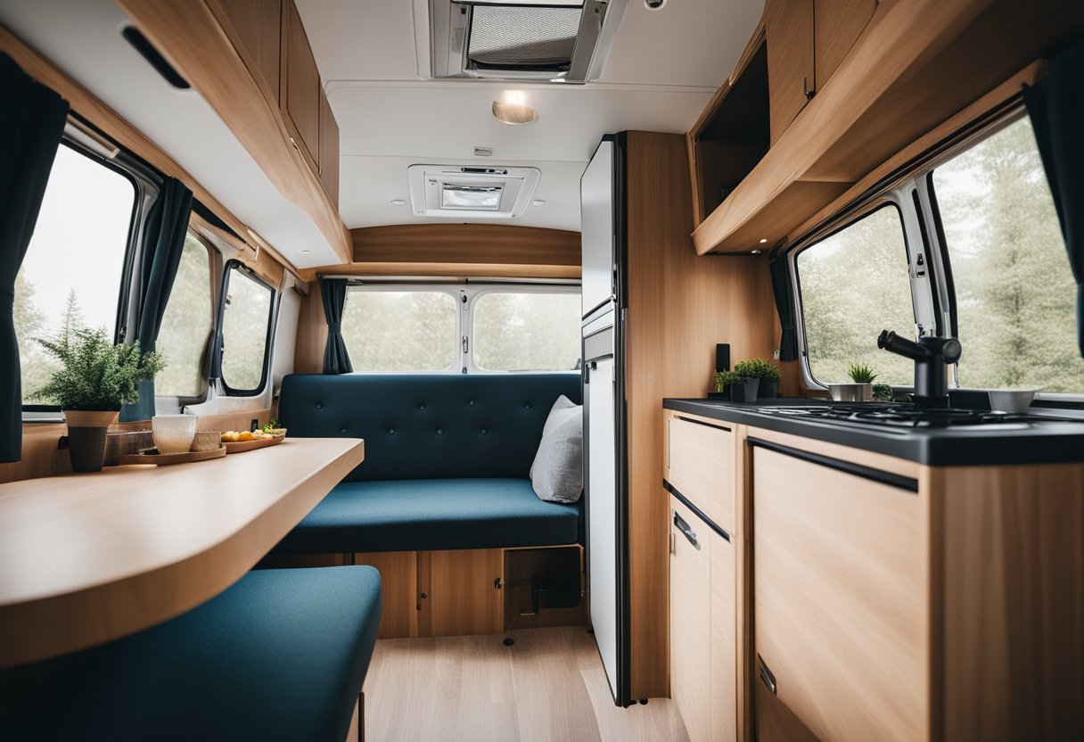A cozy camper van interior with a fold-out bed, compact kitchenette, and storage compartments. Warm lighting and nature-themed decor create a comfortable and inviting space