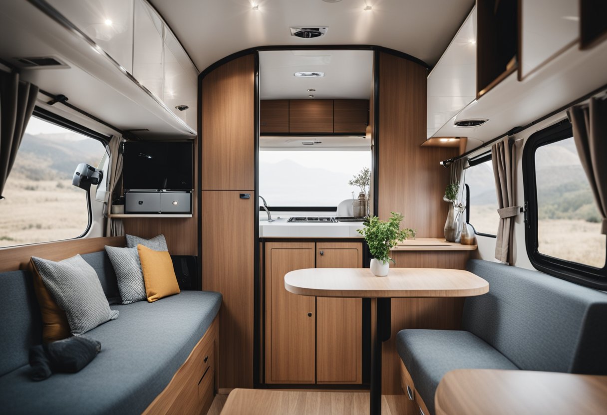 A cozy camper van interior with foldable furniture, storage compartments, and a compact kitchenette
