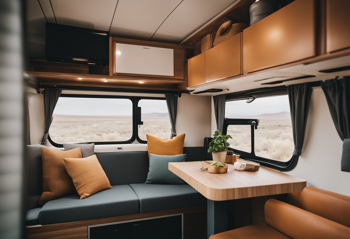 A cozy camper van interior with compact furniture, storage solutions, and a warm color palette creating a comfortable and stylish space