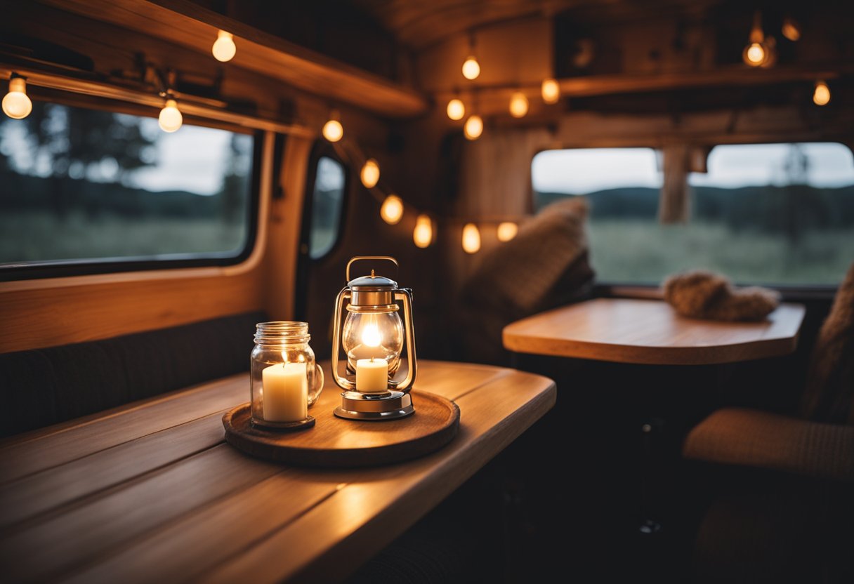 Soft, warm lighting fills the cozy camper van, casting a gentle glow on the rustic wood interior. A small table is set with a flickering candle, creating a cozy and inviting ambiance