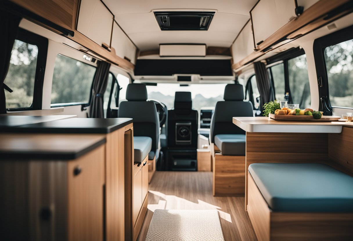 A cozy camper van interior with a compact climate control system and strategically placed ventilation to ensure comfort on the go