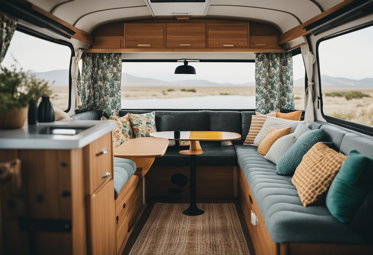 A cozy camper van interior with personalized decor, such as patterned curtains, hanging plants, and colorful throw pillows