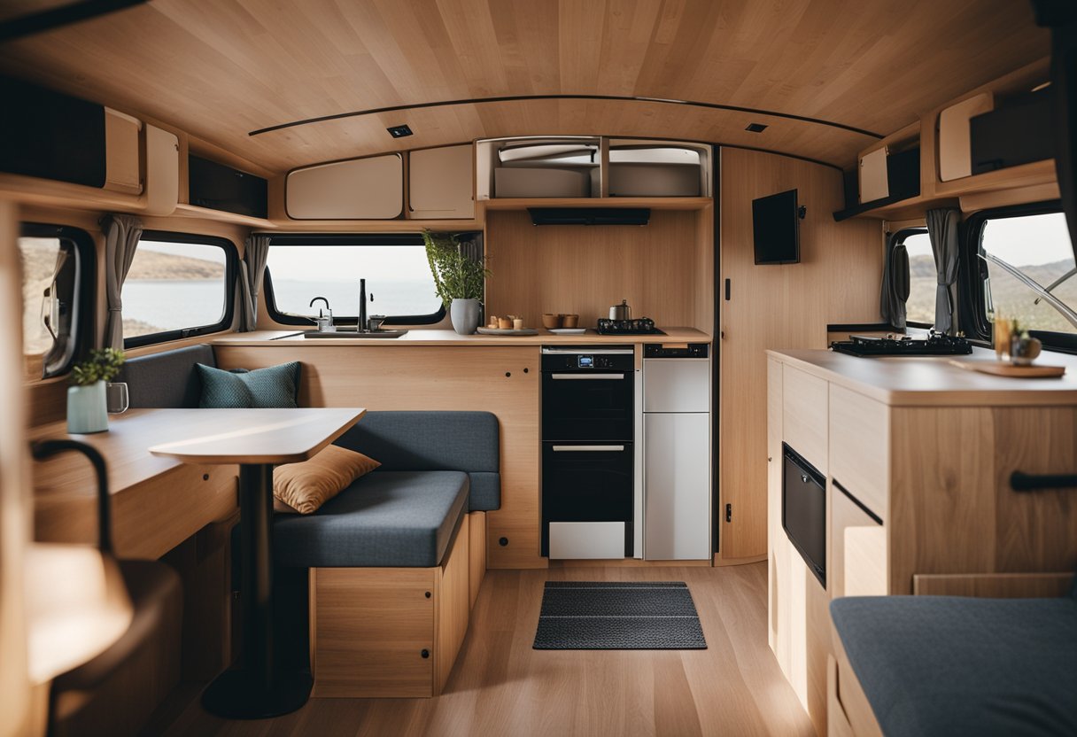 A cozy camper van interior with sustainable materials, compact furniture, and efficient storage solutions