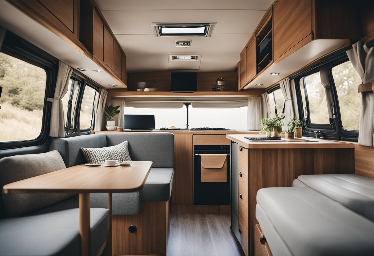 A cozy camper van interior with a fold-out bed, compact kitchenette, storage compartments, and a small dining area