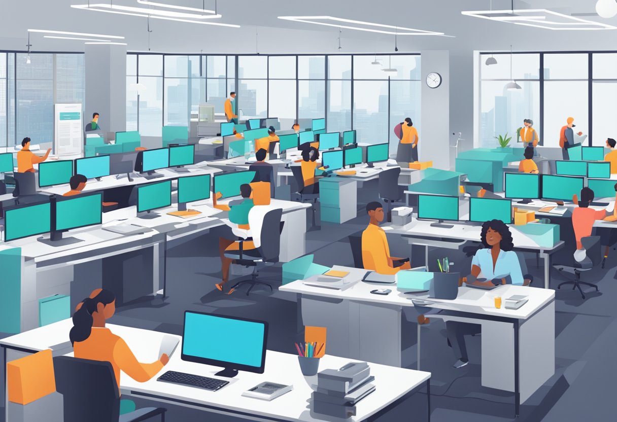 A bustling office with employees working at their desks while an AI system monitors and manages their tasks